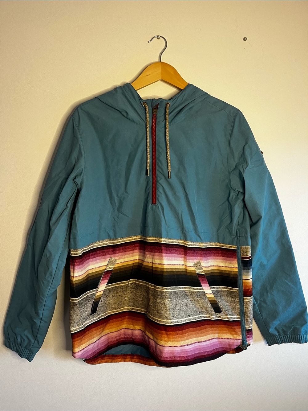 Burton Teal Hooded Rain Pullover with Multicolor Stripe Hem